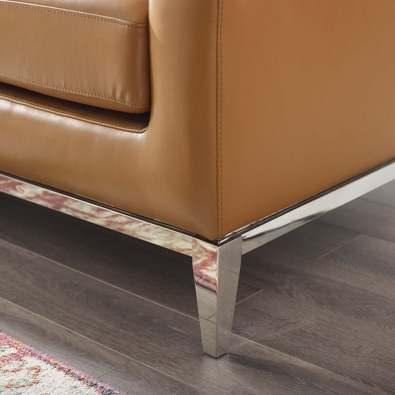 Modern Tan Leather Loveseat with Stainless Steel Base and Removable Cushions