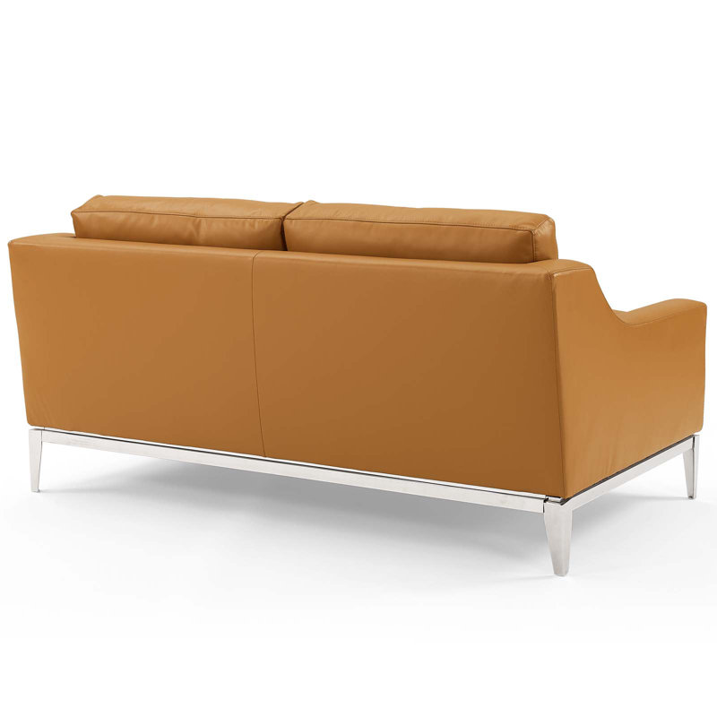Modern Tan Leather Loveseat with Stainless Steel Base and Removable Cushions