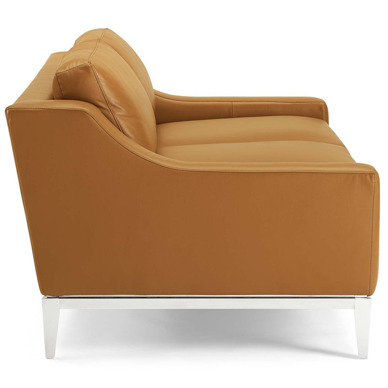 Modern Tan Leather Loveseat with Stainless Steel Base and Removable Cushions