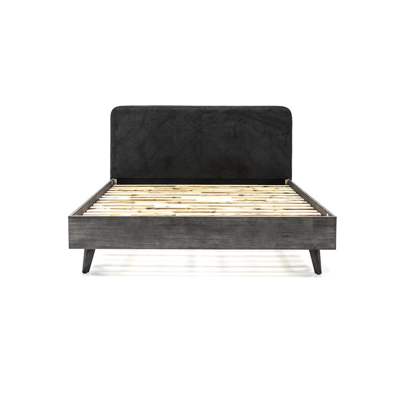 Mid-Century Modern Gray Upholstered Queen Bed with Storage Drawer