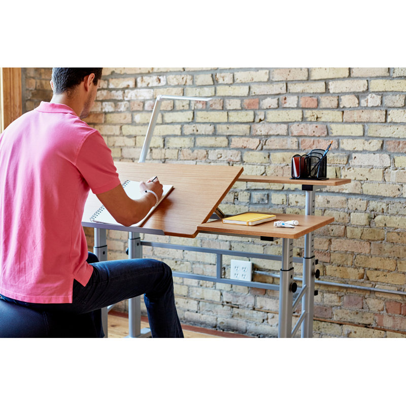 Medium Oak Adjustable Height Drafting Table with Shelving