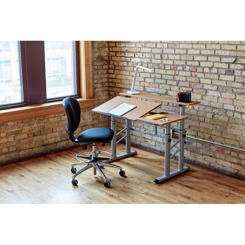 Medium Oak Adjustable Height Drafting Table with Shelving