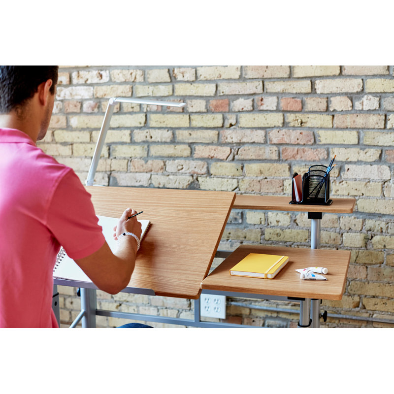 Medium Oak Adjustable Height Drafting Table with Shelving
