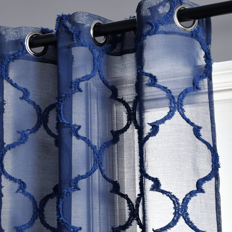 Navy Trellis Pattern Sheer Grommet Drapes, 84" x 38"