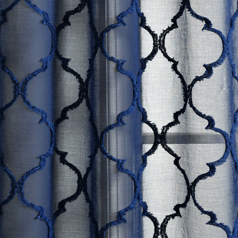 Navy Trellis Pattern Sheer Grommet Drapes, 84" x 38"