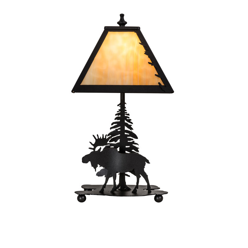 Rustic Black Moose Table Lamp with Stained Glass Shade