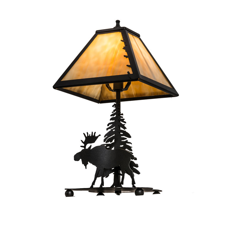 Rustic Black Moose Table Lamp with Stained Glass Shade