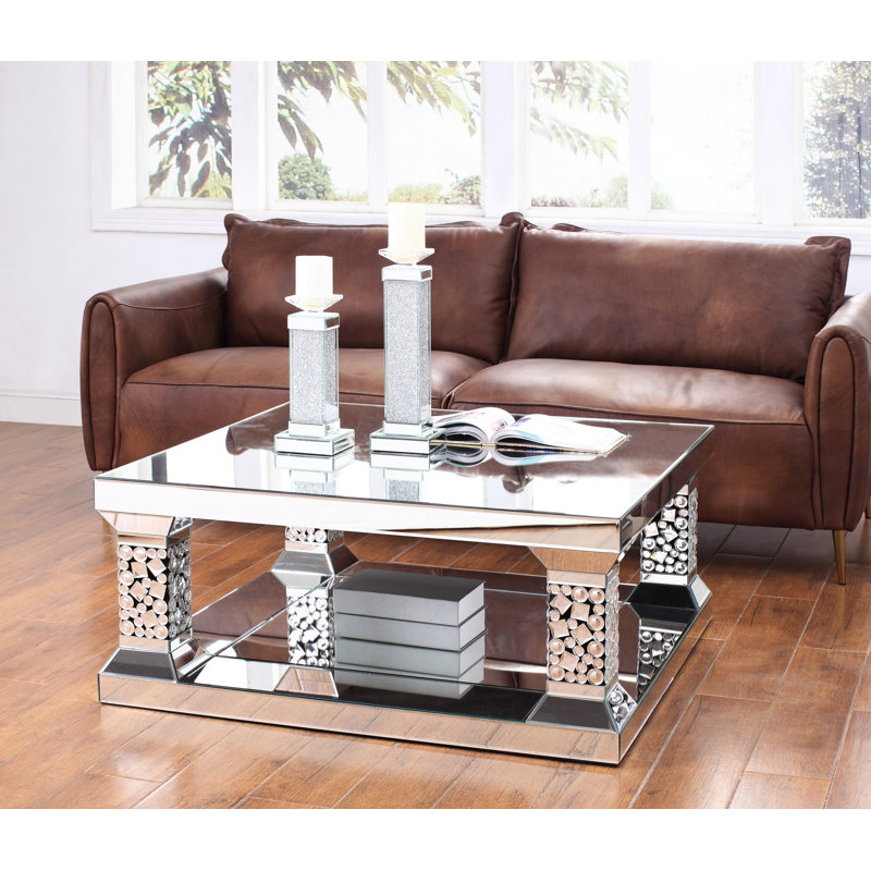 Mirrored Rectangular Coffee Table with Faux Gem Inlay