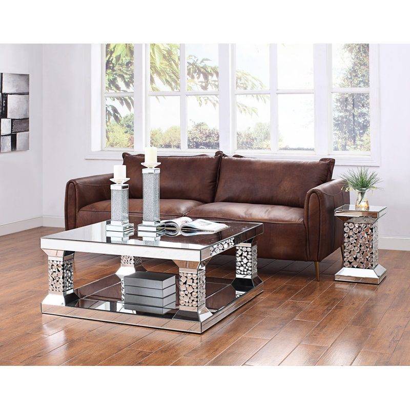 Mirrored Rectangular Coffee Table with Faux Gem Inlay