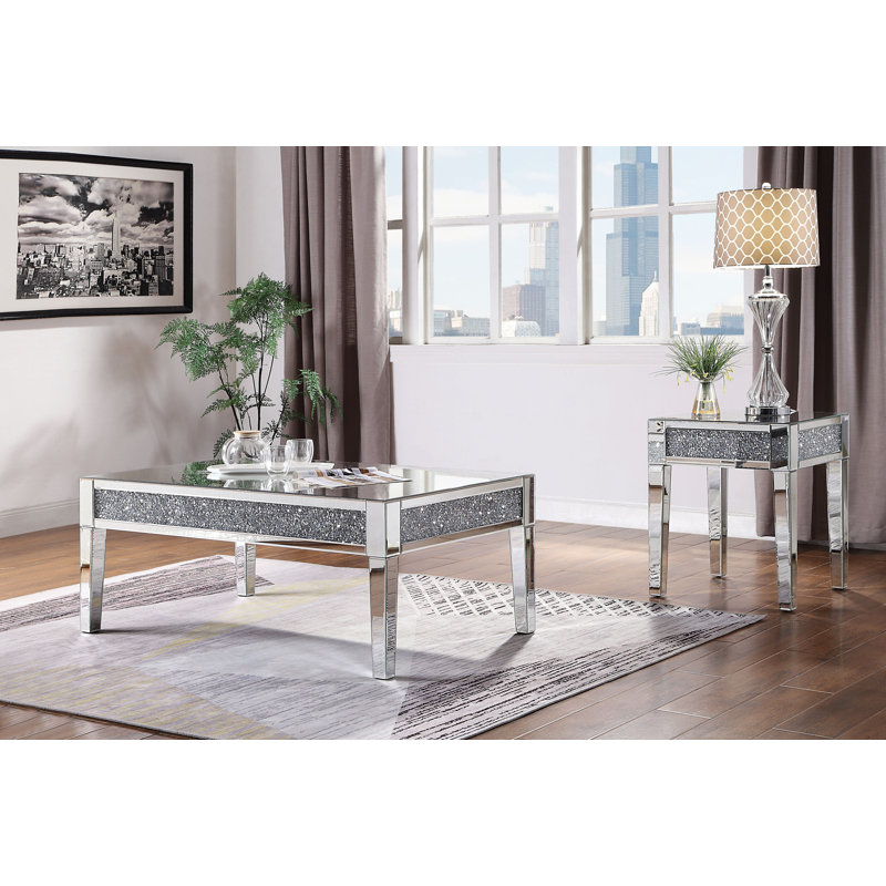 Rectangular Mirrored Coffee Table with Faux Diamond Inlay