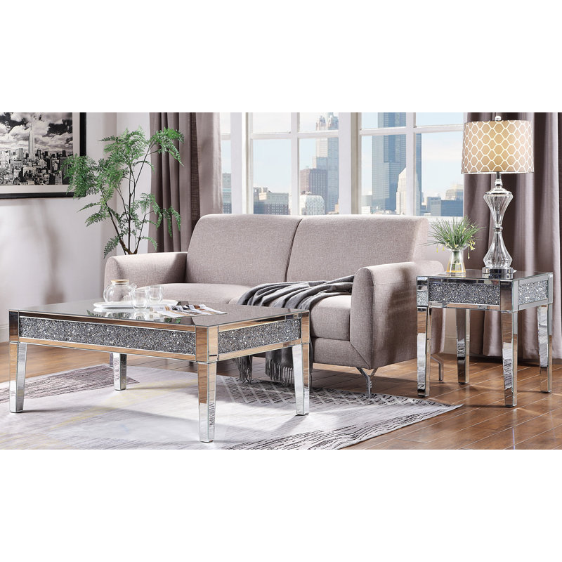 Rectangular Mirrored Coffee Table with Faux Diamond Inlay