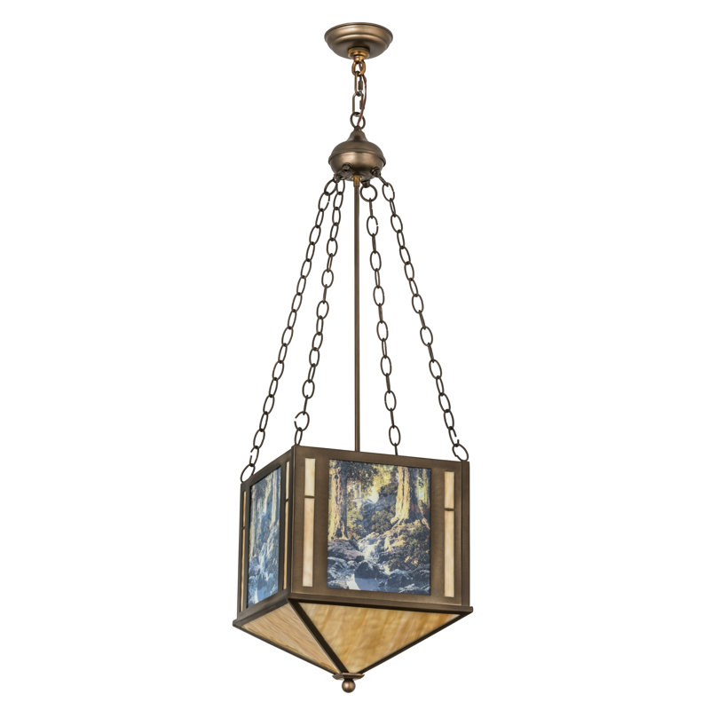 Antique Copper and Beige Glass Geometric Chandelier
