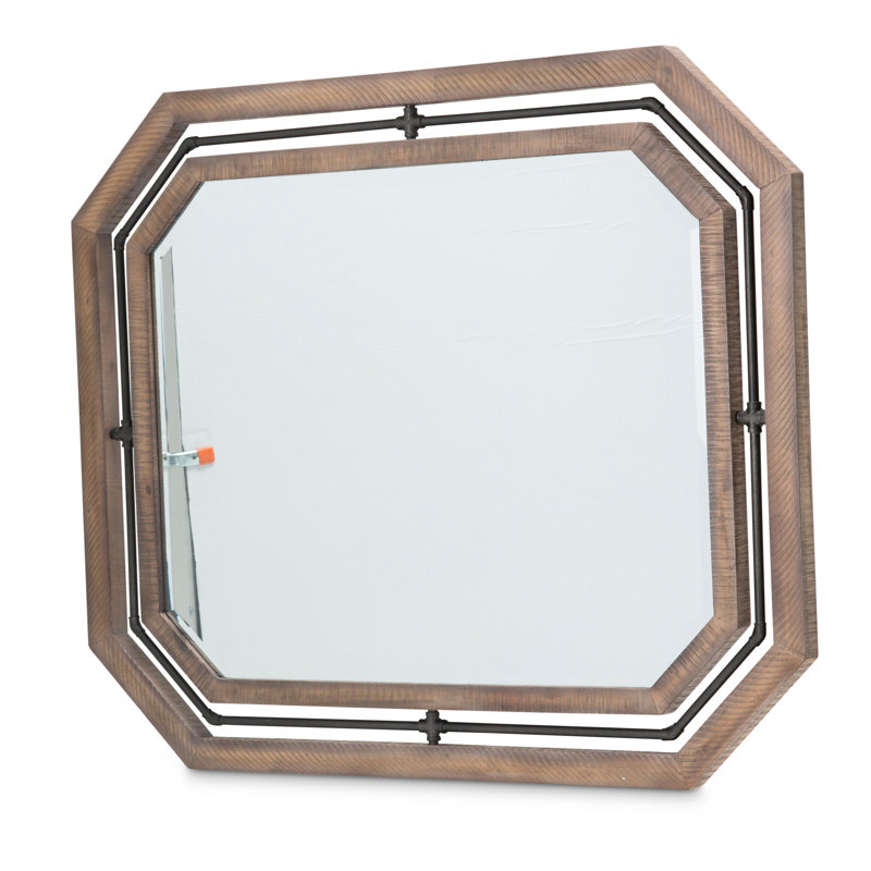 Beige Acacia Wood Transitional Wall Mirror with Metal Accents