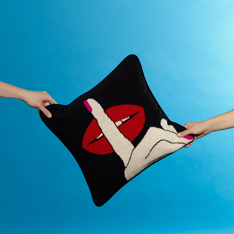 Bold Red Lips Embroidered Wool Square Throw Pillow