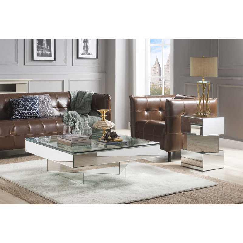 Eclat Square 40" Mirrored Coffee Table with Glass Top