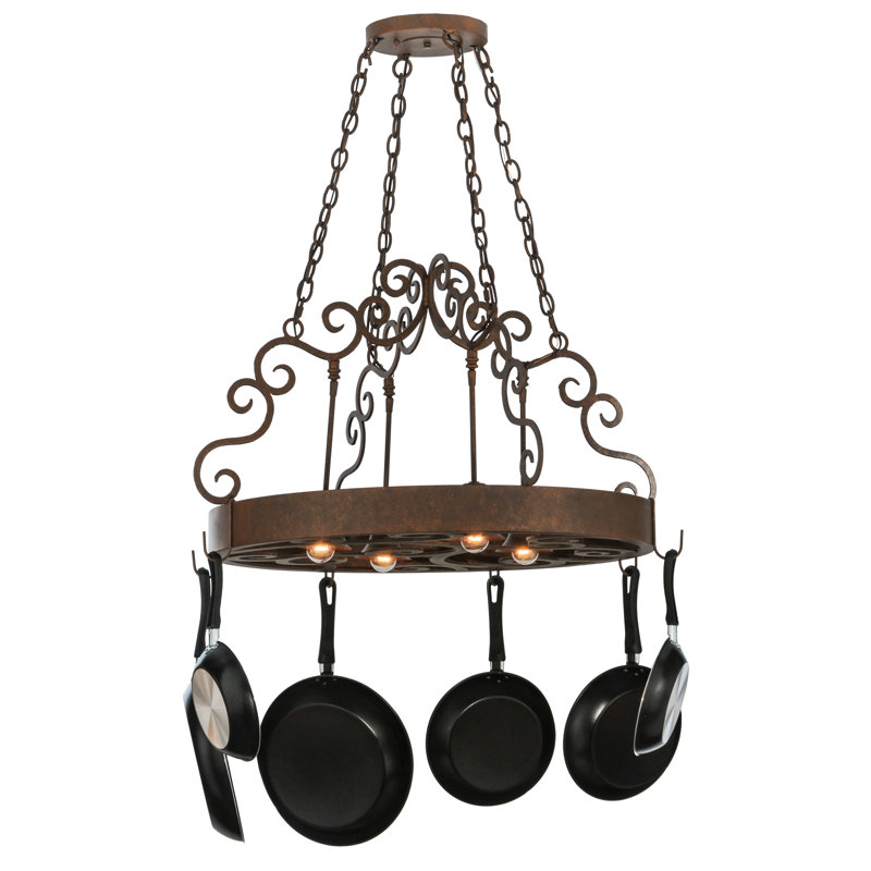 Antique Rust Handcrafted Metal Hanging Pot Rack with Lights