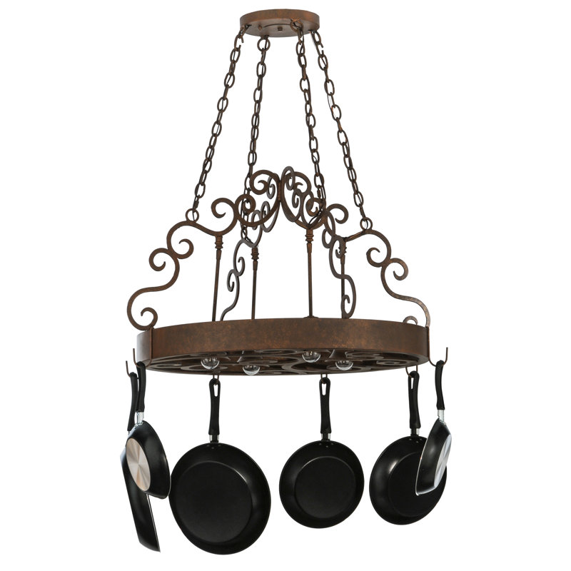Antique Rust Handcrafted Metal Hanging Pot Rack with Lights