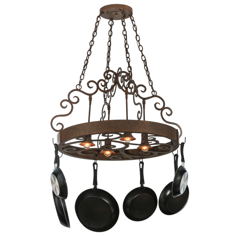Antique Rust Handcrafted Metal Hanging Pot Rack with Lights