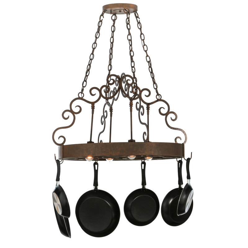 Antique Rust Handcrafted Metal Hanging Pot Rack with Lights