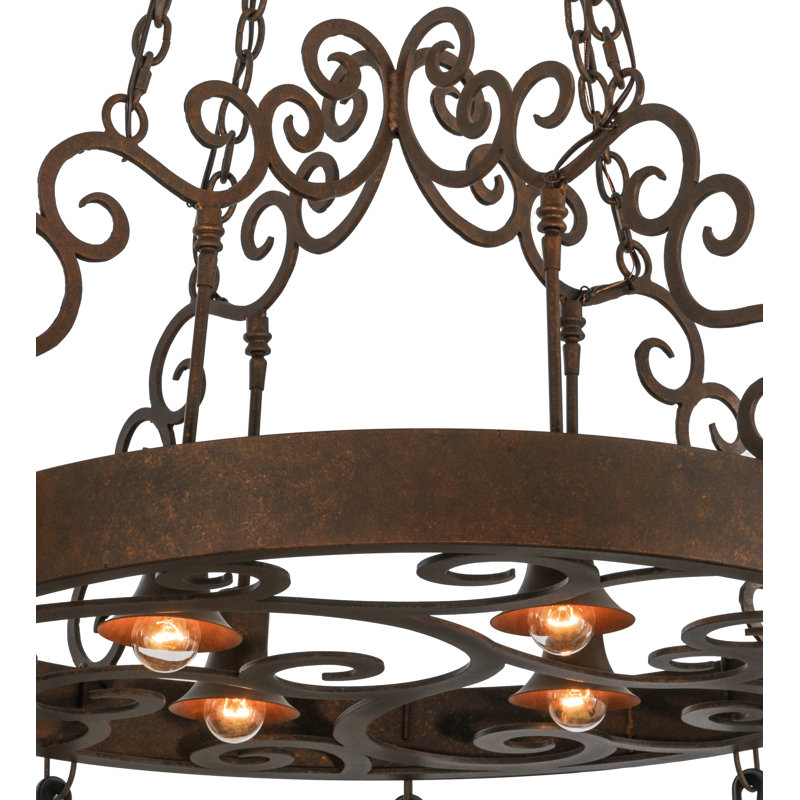 Antique Rust Handcrafted Metal Hanging Pot Rack with Lights