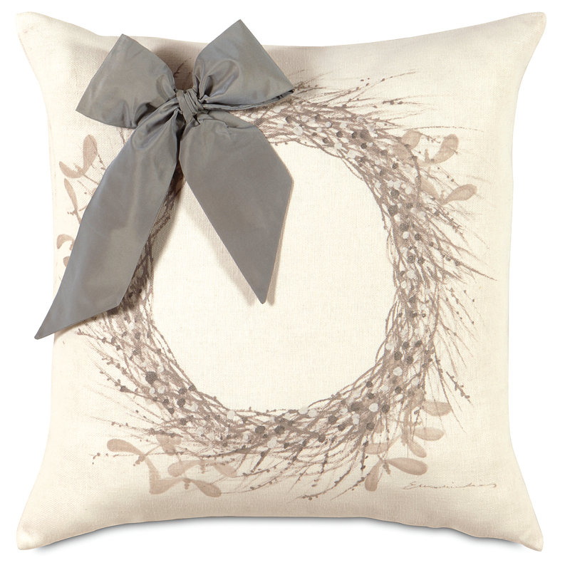 Holiday Beige and Gray Embroidered Square Pillow Cover with Bow