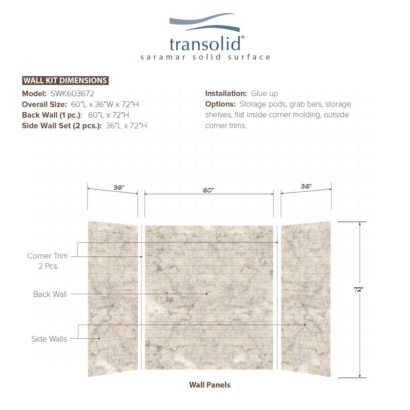 SaraMar Sand Creme 60''x36'' Subway Tile 3-Piece Shower Wall Kit