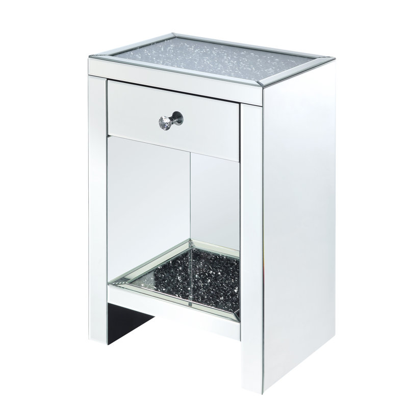 Elegant Mirrored 18" Nightstand with Faux Diamond Accents and Storage