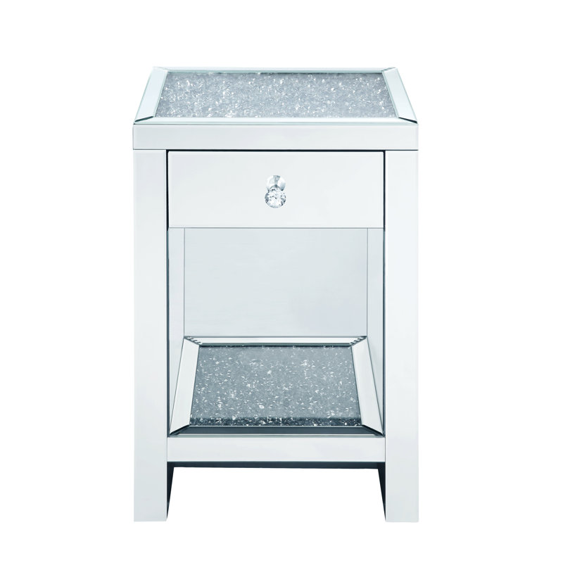 Elegant Mirrored 18" Nightstand with Faux Diamond Accents and Storage