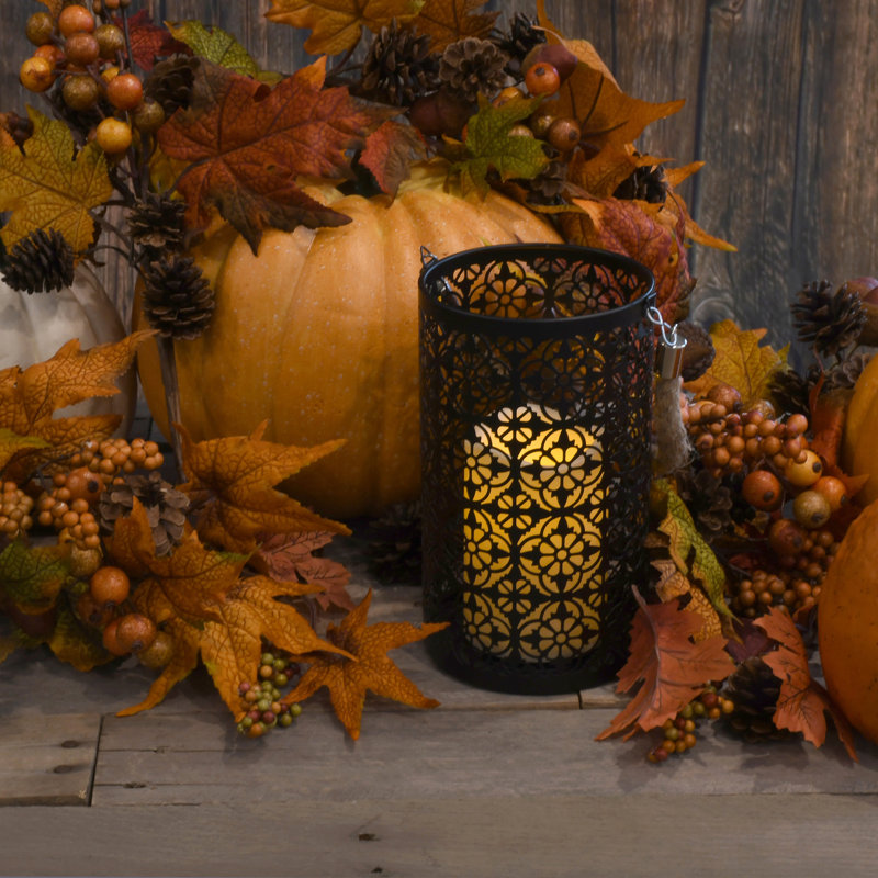 Black Jacquard Metal Hanging Tabletop Lantern with LED Candle