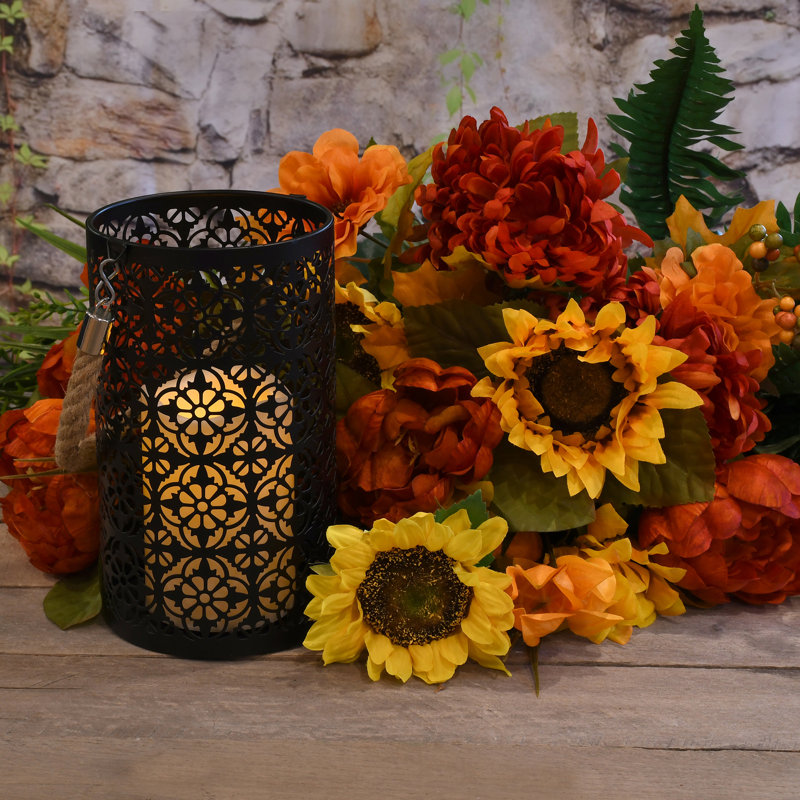 Black Jacquard Metal Hanging Tabletop Lantern with LED Candle