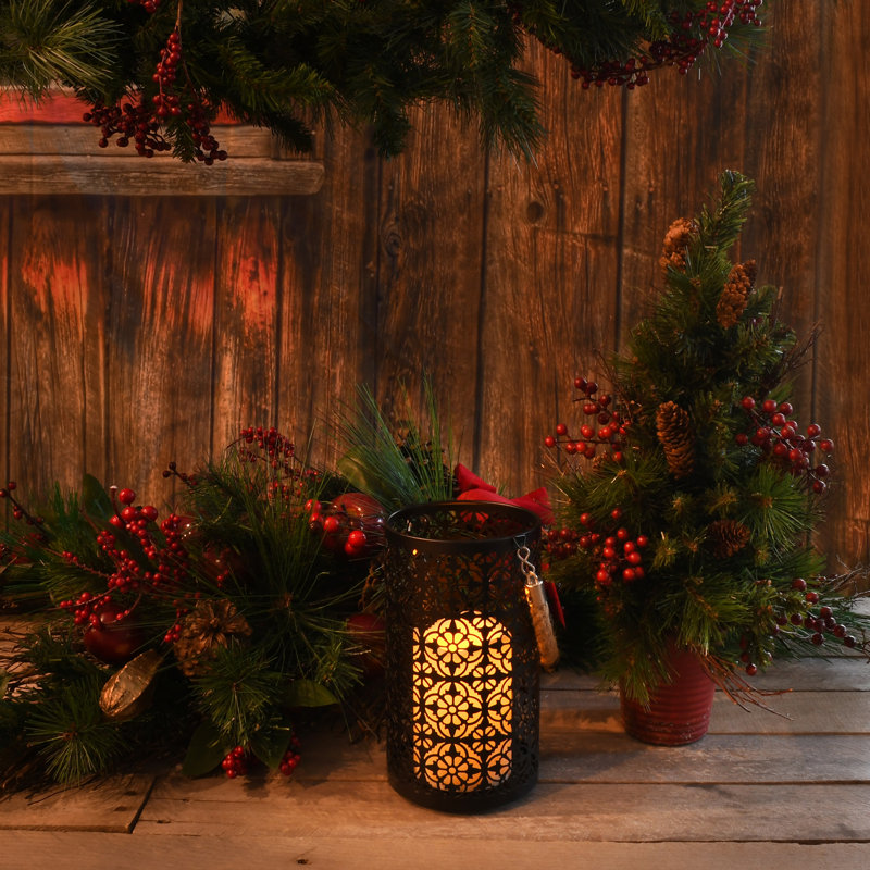 Black Jacquard Metal Hanging Tabletop Lantern with LED Candle