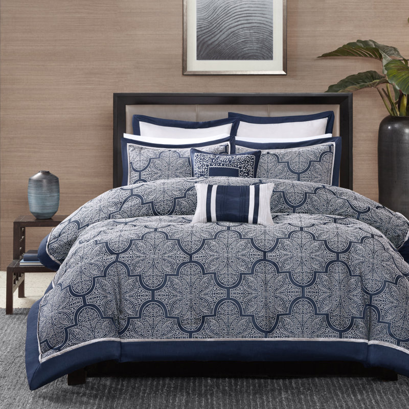 Navy Jacquard Microfiber California King Comforter Set