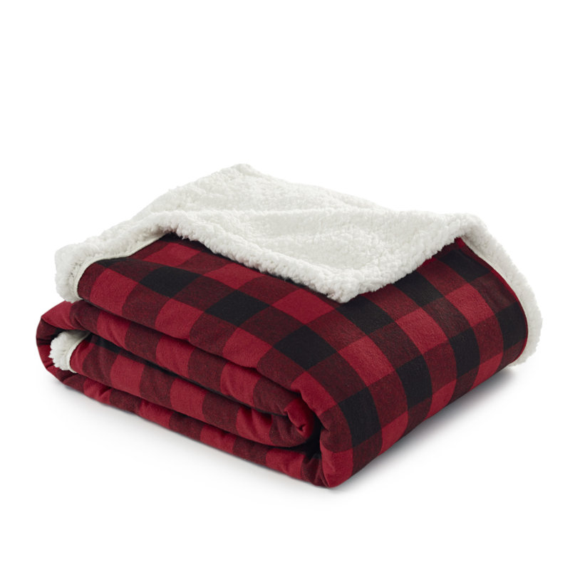 Red Plaid Cotton Sherpa Reversible Throw Blanket and Pillow Set