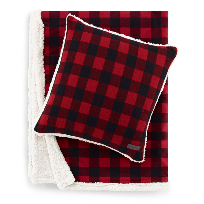 Red Plaid Cotton Sherpa Reversible Throw Blanket and Pillow Set