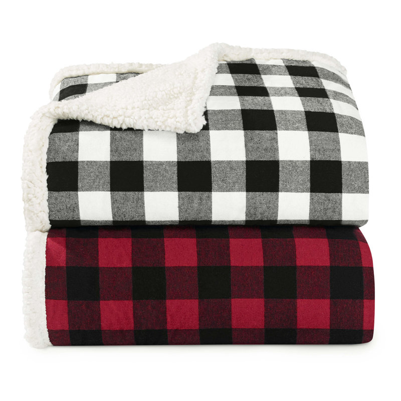 Red Plaid Cotton Sherpa Reversible Throw Blanket and Pillow Set