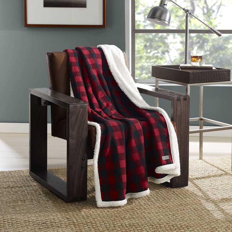 Red Plaid Cotton Sherpa Reversible Throw Blanket and Pillow Set