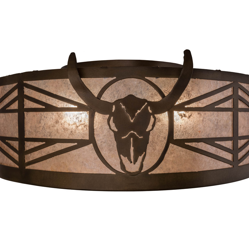 Antique Copper Steer Skull 24" Glass Flush Mount Ceiling Light