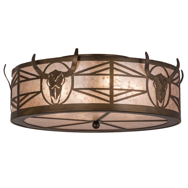 Antique Copper Steer Skull 24" Glass Flush Mount Ceiling Light