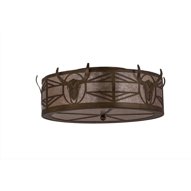 Antique Copper Steer Skull 24" Glass Flush Mount Ceiling Light