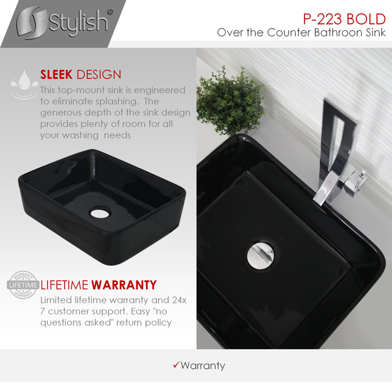 Bold Black Ceramic Rectangular Above-Counter Vessel Sink