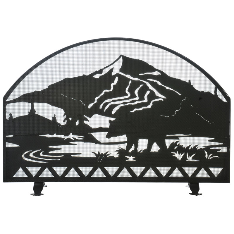 Bear Creek Black Iron Arched Fireplace Screen with Mountain Scene