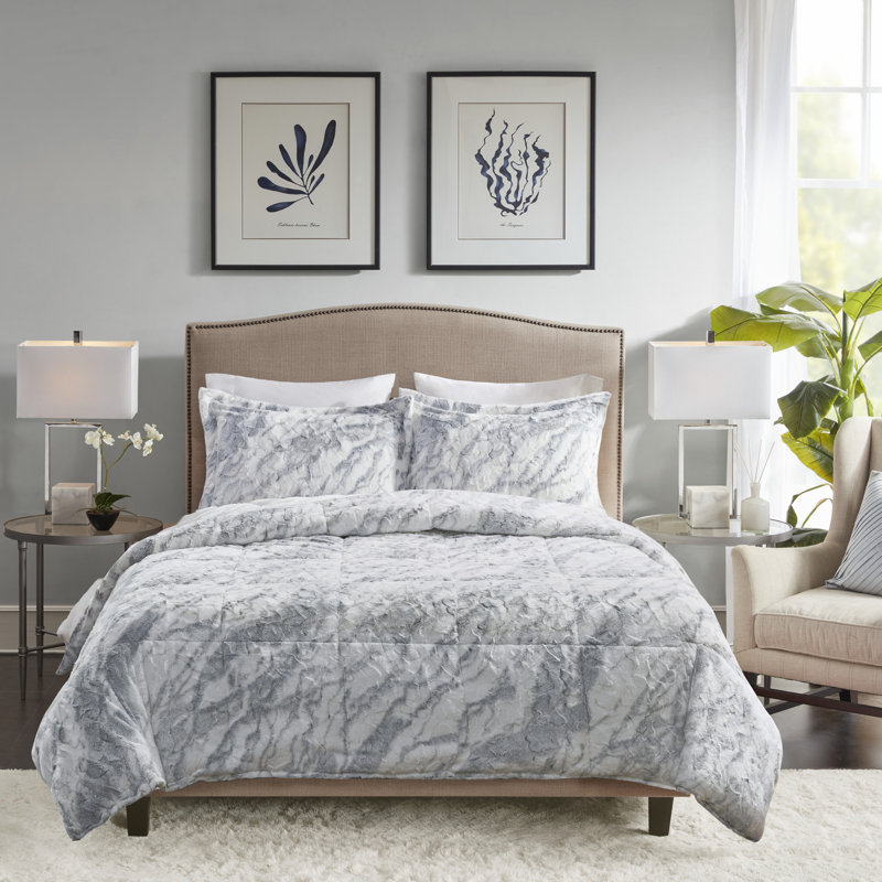 Queen Blue Marble Faux Fur Reversible Comforter Set