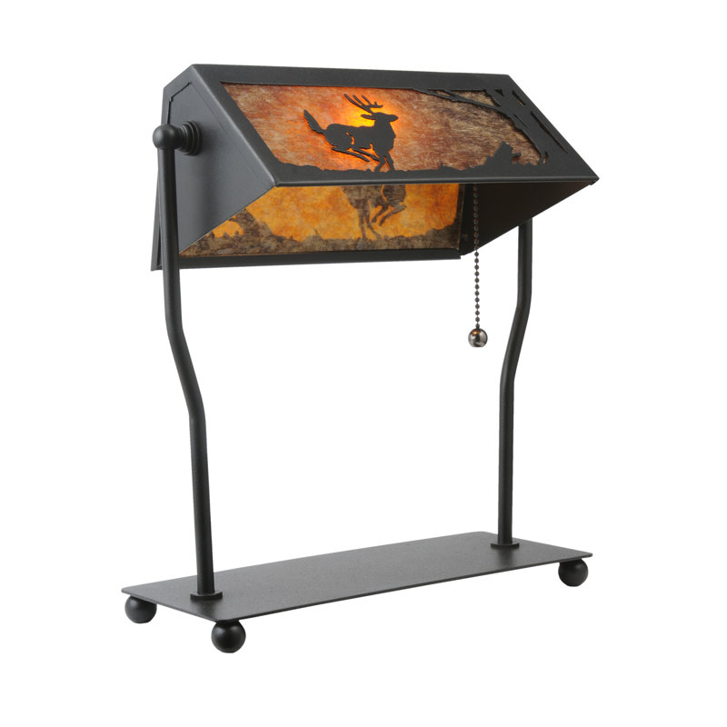 Rustic Black Stained Glass Banker's Lamp with Deer Design