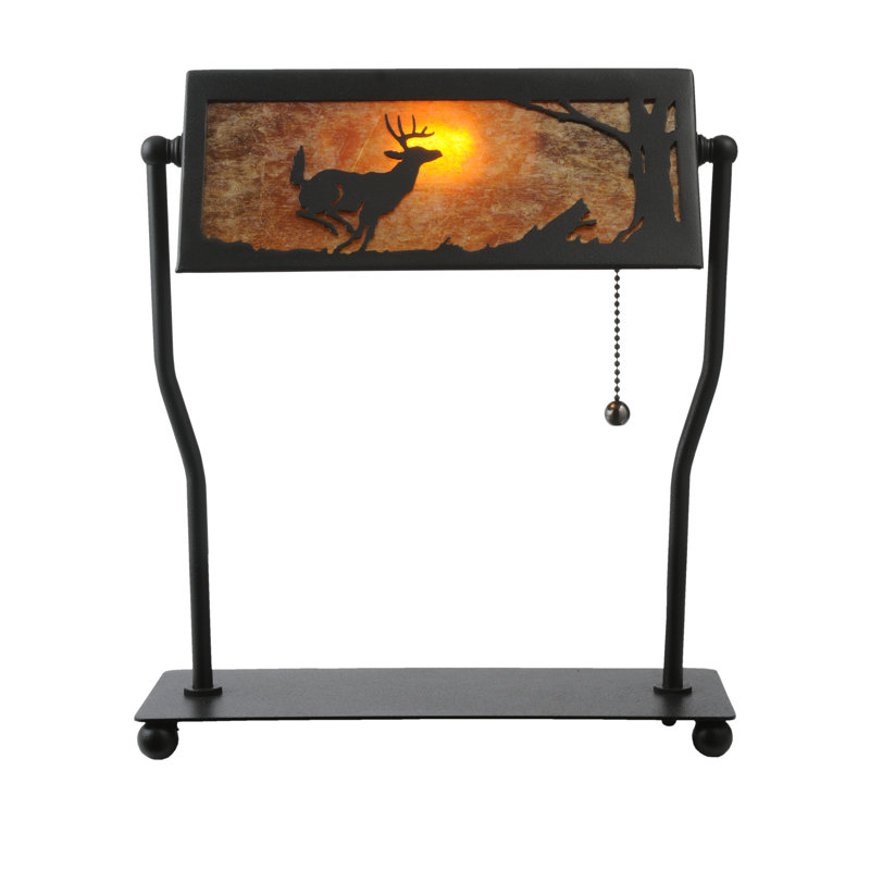 Rustic Black Stained Glass Banker's Lamp with Deer Design