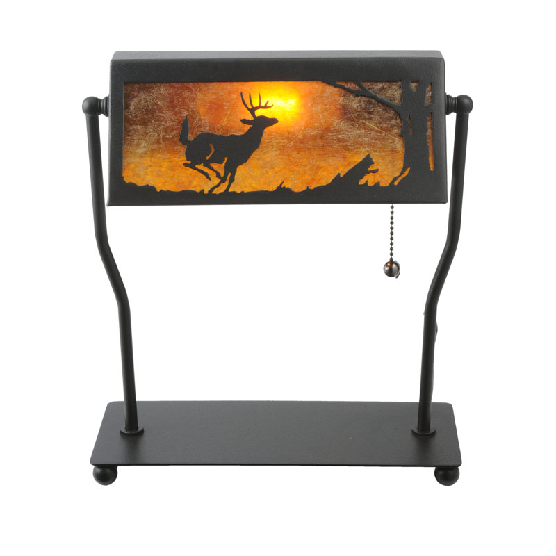 Rustic Black Stained Glass Banker's Lamp with Deer Design
