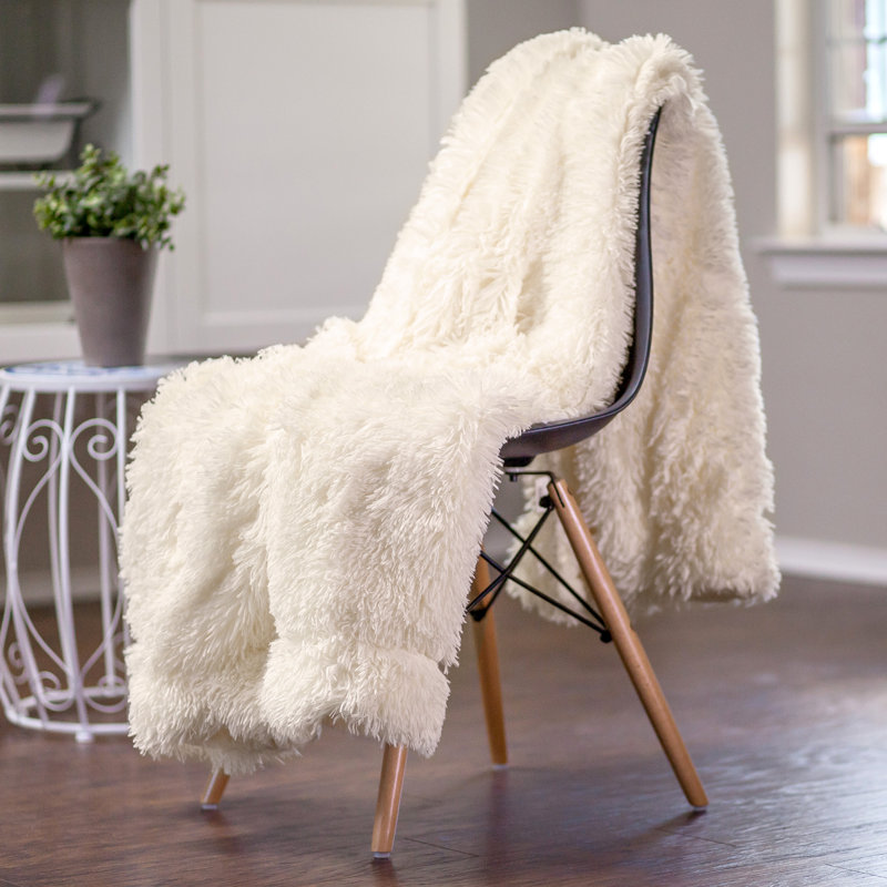 Ivory White Reversible Faux Fur and Sherpa Throw Blanket