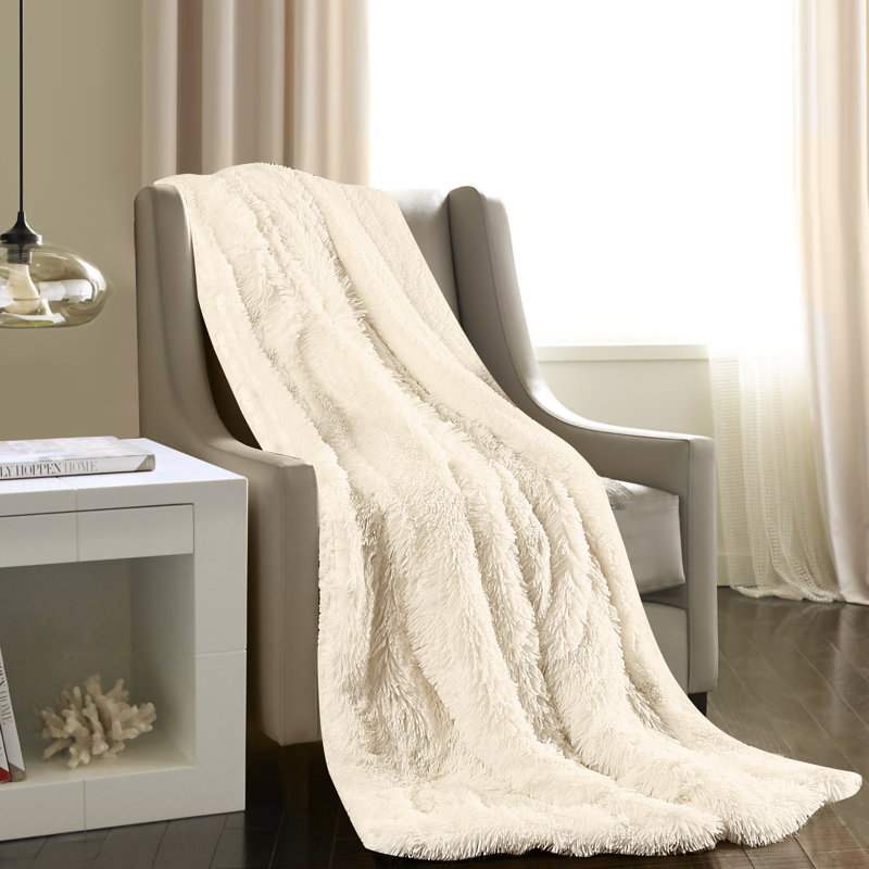 Ivory White Reversible Faux Fur and Sherpa Throw Blanket