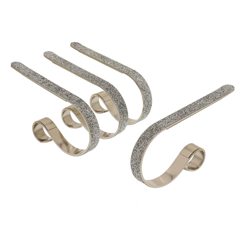 Silver Glitter Adjustable Mantle Clip Stocking Holders, Set of 4