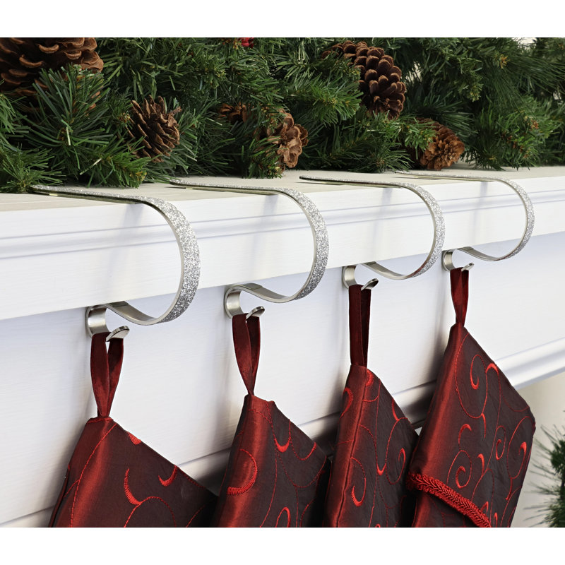 Silver Glitter Adjustable Mantle Clip Stocking Holders, Set of 4