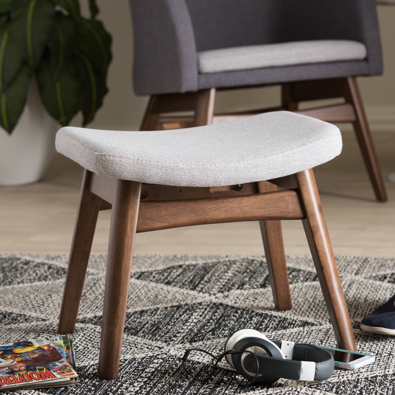Vera Light Gray Polyester & Walnut Brown Mid-Century Ottoman